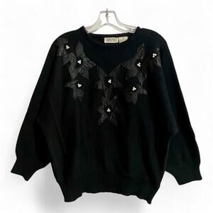 Vintage 80s Sweater Black Women Size Large Fantastic New York Acrylic Preppy